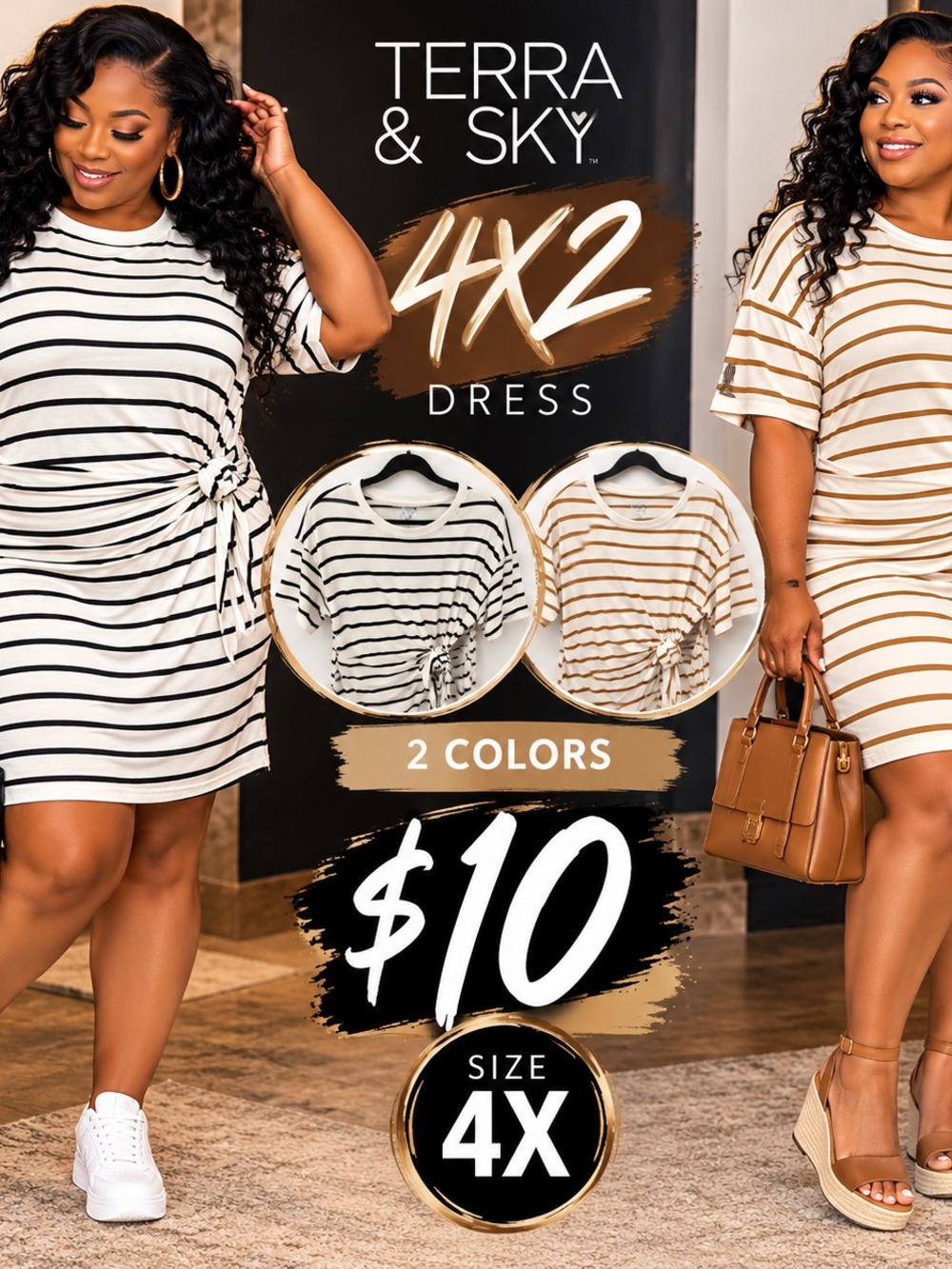 Terra & Sky Plus-Size Short Sleeve Knot Side Dress - White/Black and White/Tan